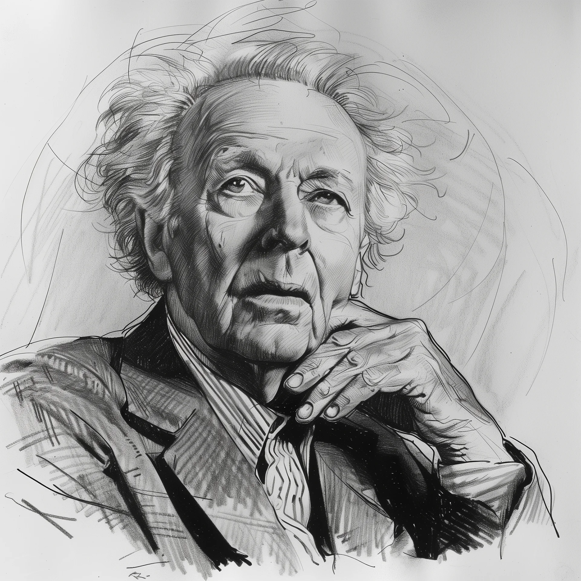 Black and white illustration depicting Frank Lloyd Wright with distinct facial features and a thoughtful expression.