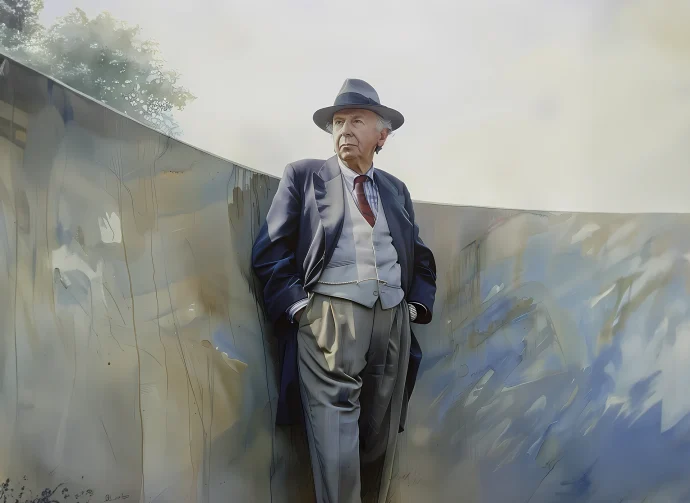 Detailed illustration depicting Frank Lloyd Wright with distinct facial features and a thoughtful expression.