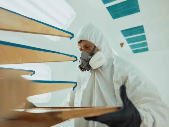 Man in a white protective suit and mask applies paint to a wooden table.